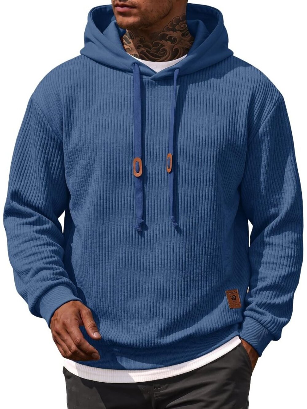 Coofandy Men's Denim Blue Long Sleeve Adjustable Drawstring Pullover Hoodies